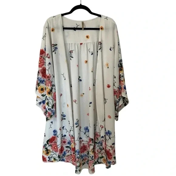 Paolino Women’s Short Sleeve White Open Front Draped Hi/Lo Floral Kimono GUC - Picture 1 of 5